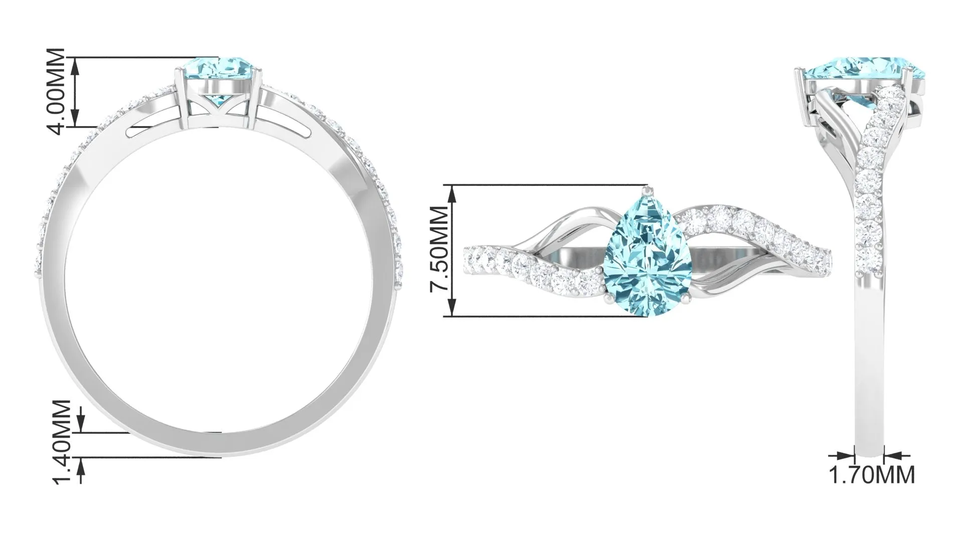 Split Shank Pear Cut Aquamarine Solitaire Ring with Diamond