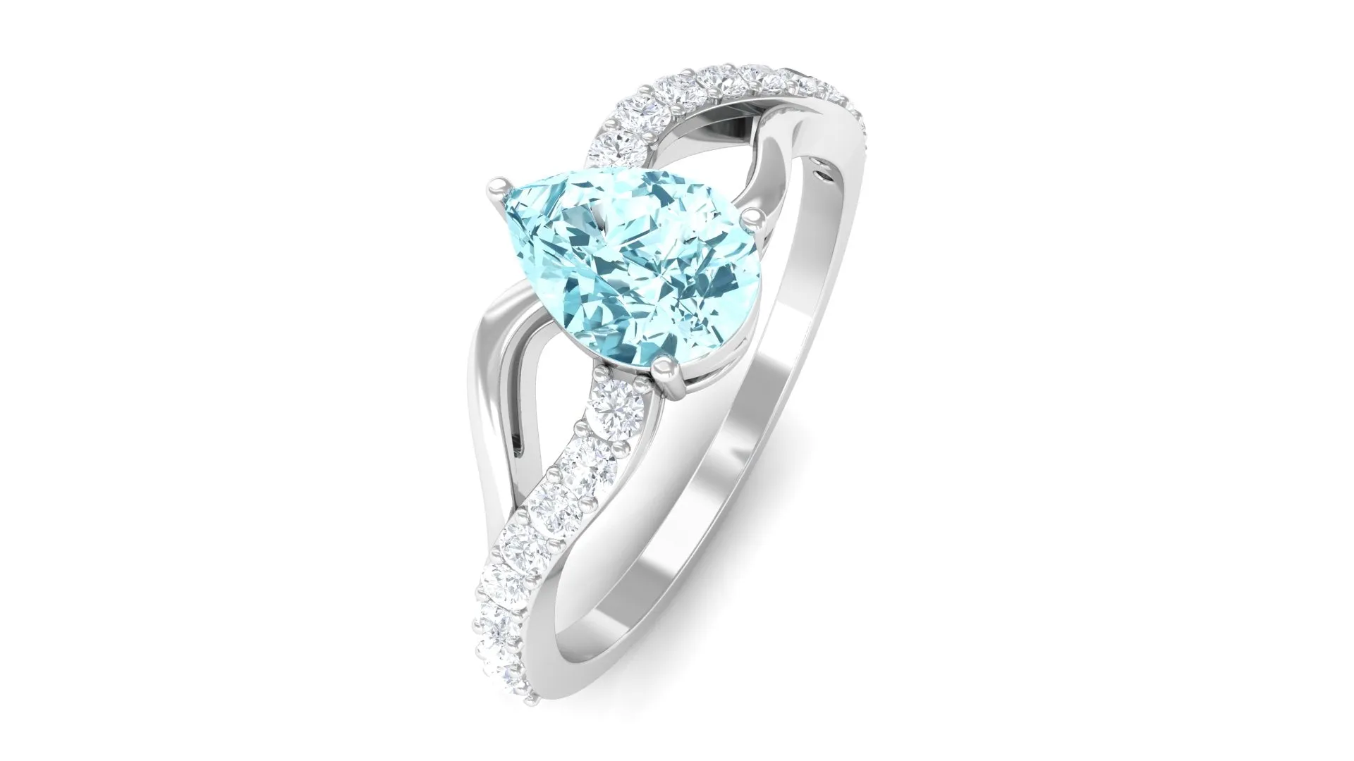 Split Shank Pear Cut Aquamarine Solitaire Ring with Diamond