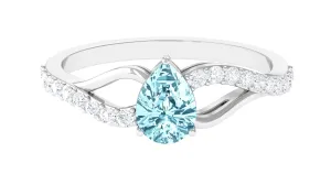 Split Shank Pear Cut Aquamarine Solitaire Ring with Diamond