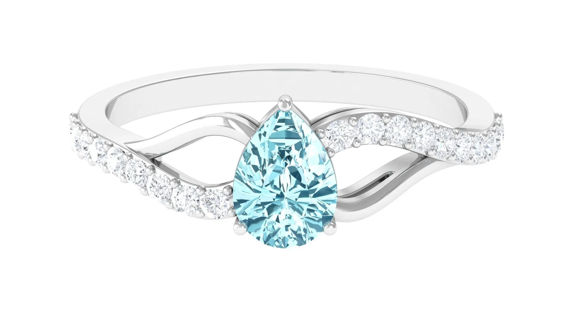 Split Shank Pear Cut Aquamarine Solitaire Ring with Diamond