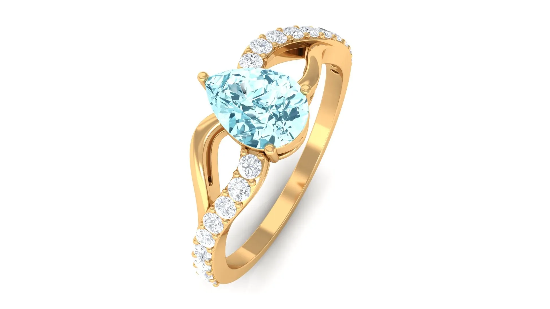 Split Shank Pear Cut Aquamarine Solitaire Ring with Diamond