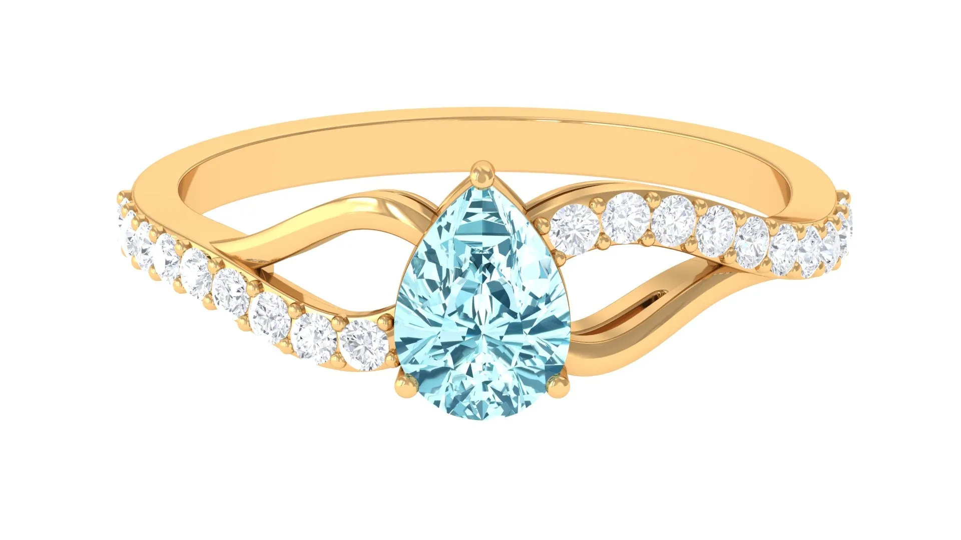 Split Shank Pear Cut Aquamarine Solitaire Ring with Diamond