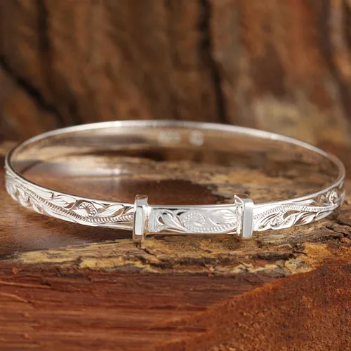 Sterling Silver Hawaiian Scroll Adjustable Baby Bangle 4mm/6mm