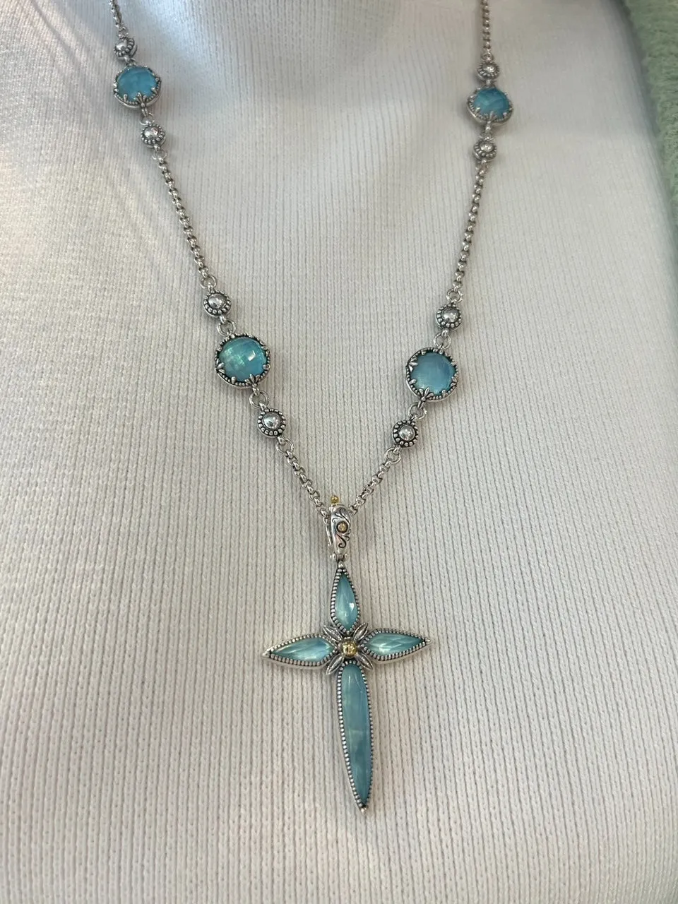 Sterling Silver Rock Crystal & Aquamarine Cross Pendant