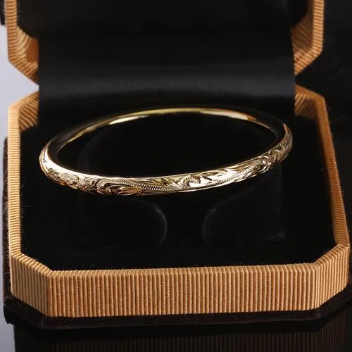 Sterling Silver Scrolling Plumeria Engraving Round Band Bangle YG 5.5mm