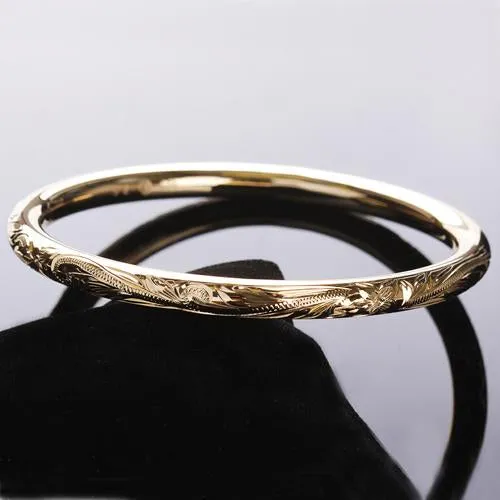 Sterling Silver Scrolling Plumeria Engraving Round Band Bangle YG 5.5mm