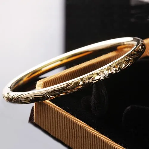 Sterling Silver Scrolling Plumeria Engraving Round Band Bangle YG 5.5mm