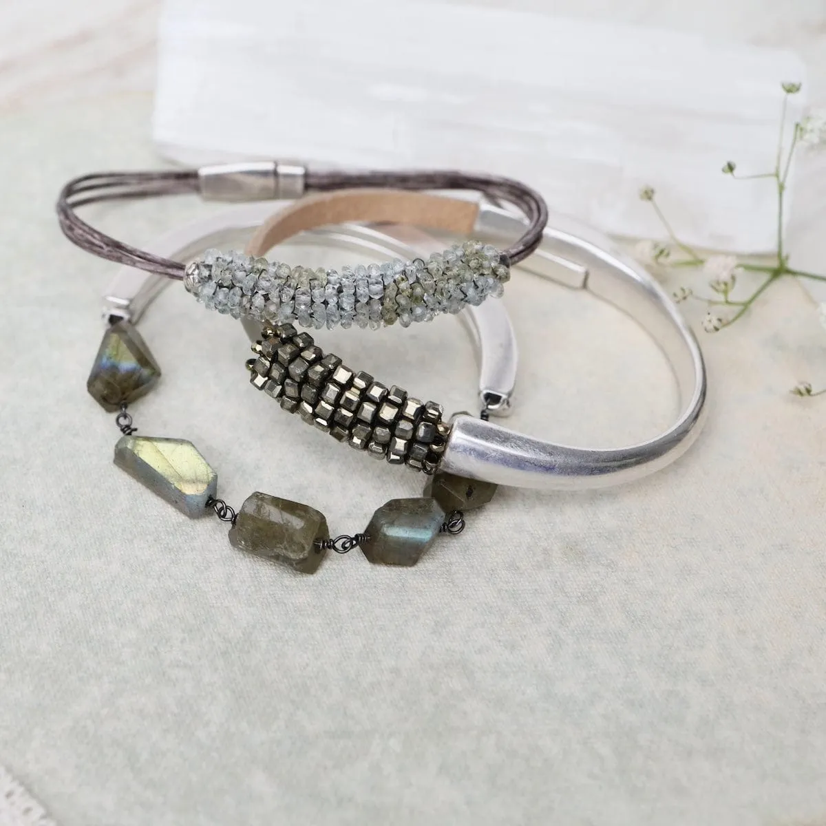 Tiny Moss Aquamarine Multi-Stand Leather Bracelet