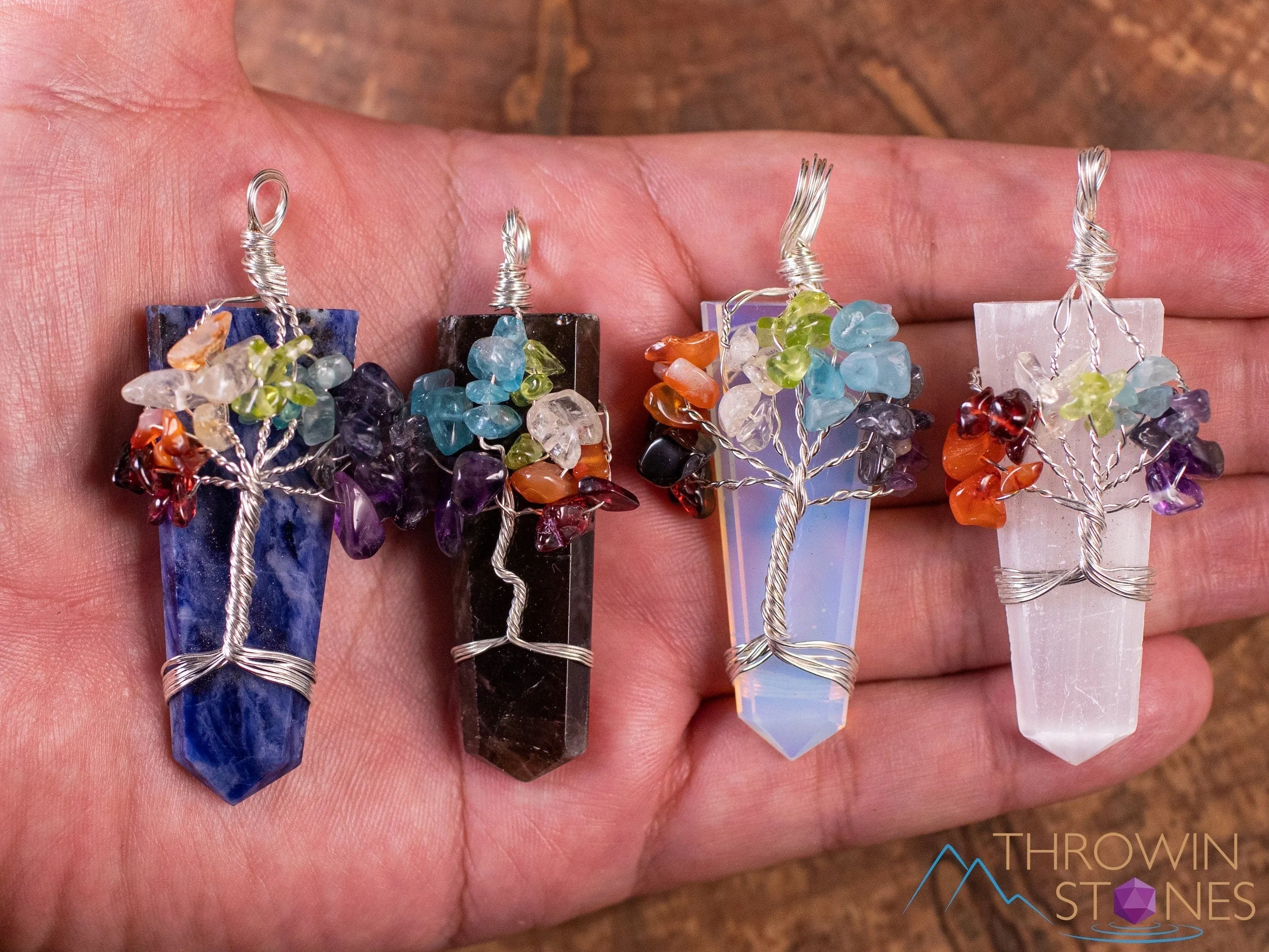 Tree of Life Pendant, CHAKRA Crystal Points Pendant - Amethyst, Opalite, Sodalite, Smoky Quartz, Selenite - Wire Wrapped Jewelry, E1921