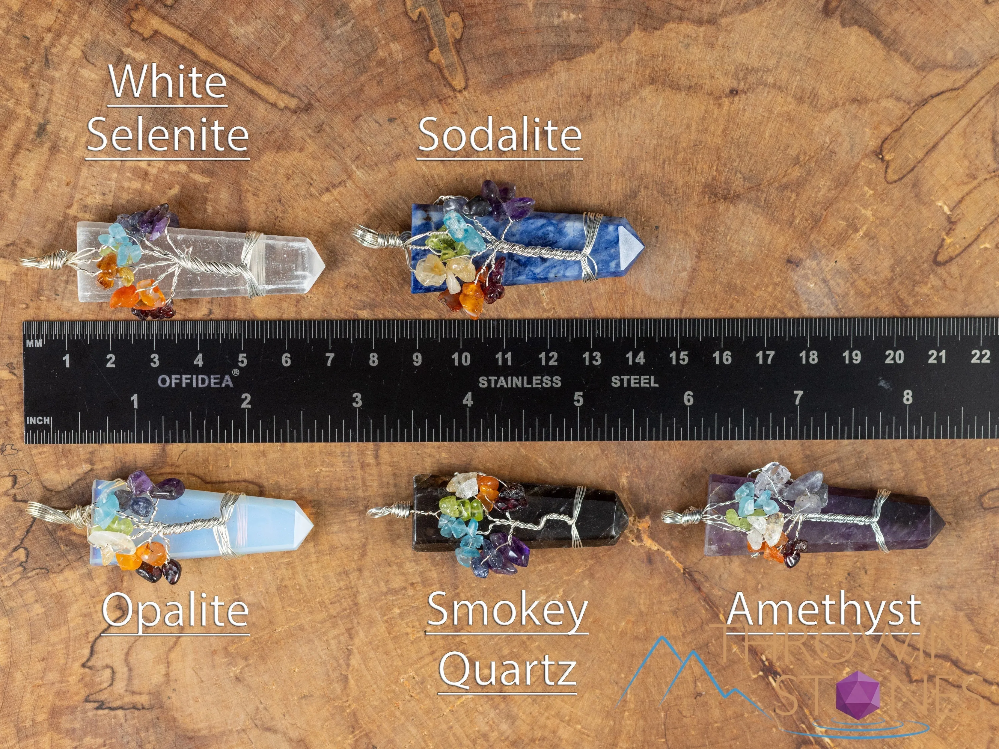 Tree of Life Pendant, CHAKRA Crystal Points Pendant - Amethyst, Opalite, Sodalite, Smoky Quartz, Selenite - Wire Wrapped Jewelry, E1921