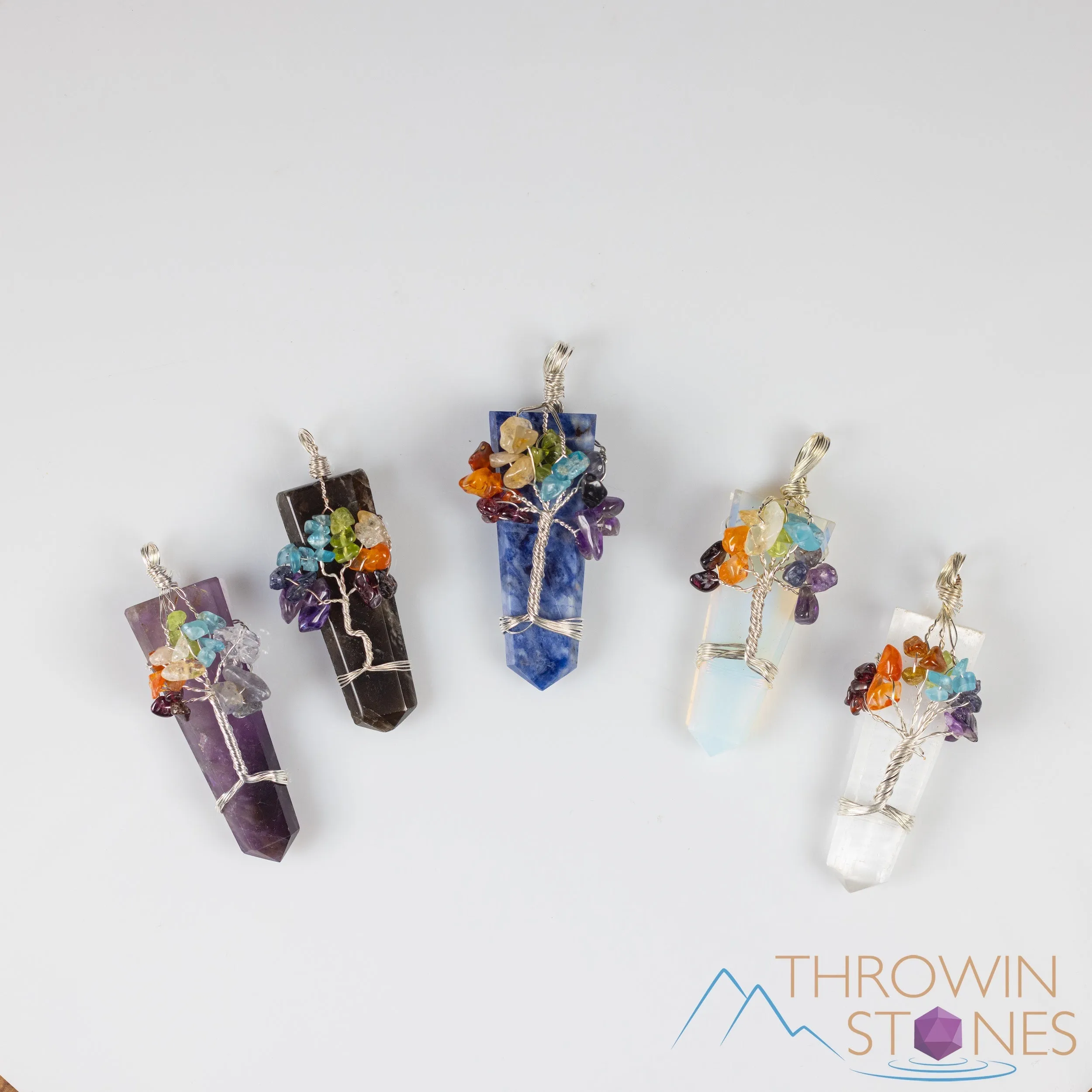 Tree of Life Pendant, CHAKRA Crystal Points Pendant - Amethyst, Opalite, Sodalite, Smoky Quartz, Selenite - Wire Wrapped Jewelry, E1921