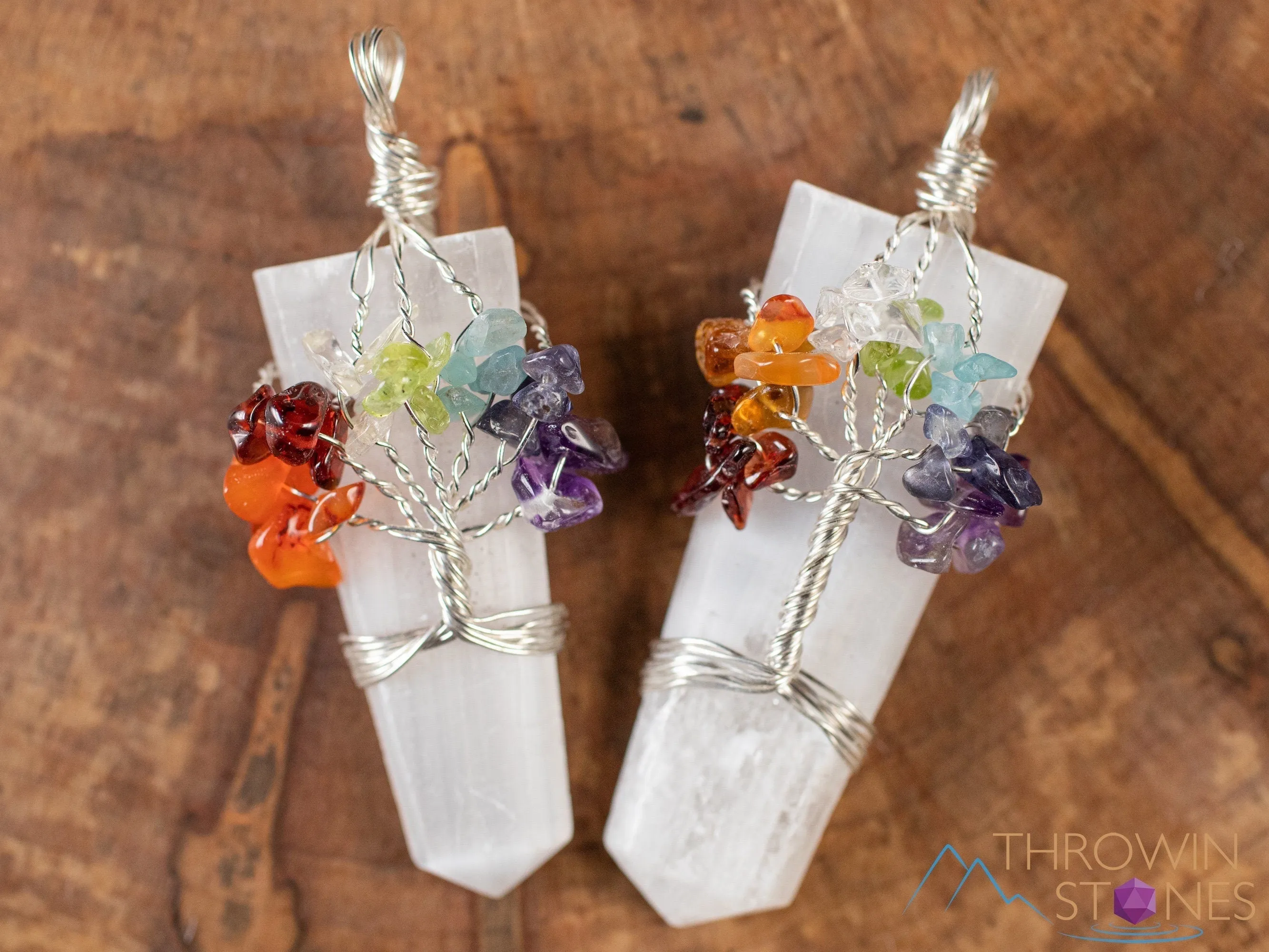 Tree of Life Pendant, CHAKRA Crystal Points Pendant - Amethyst, Opalite, Sodalite, Smoky Quartz, Selenite - Wire Wrapped Jewelry, E1921
