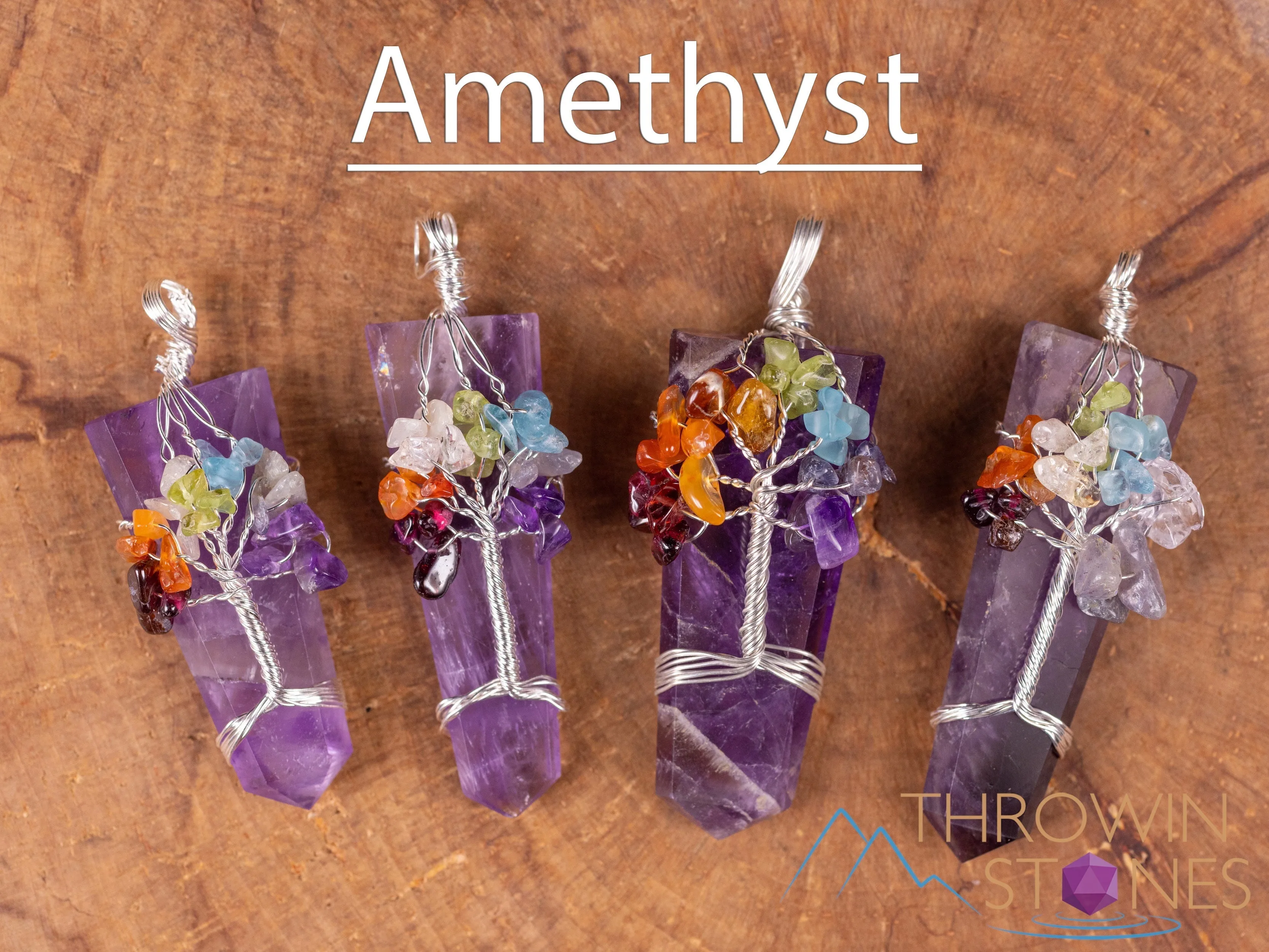 Tree of Life Pendant, CHAKRA Crystal Points Pendant - Amethyst, Opalite, Sodalite, Smoky Quartz, Selenite - Wire Wrapped Jewelry, E1921