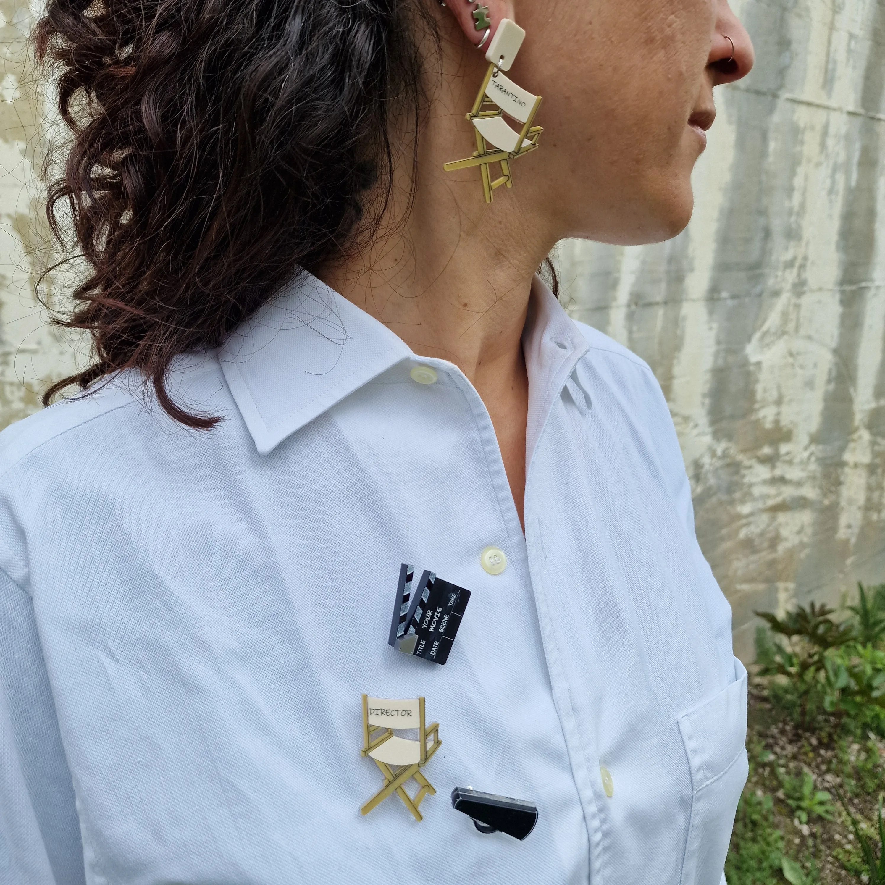Tris di spille personalizzabili ciak e sedia regista