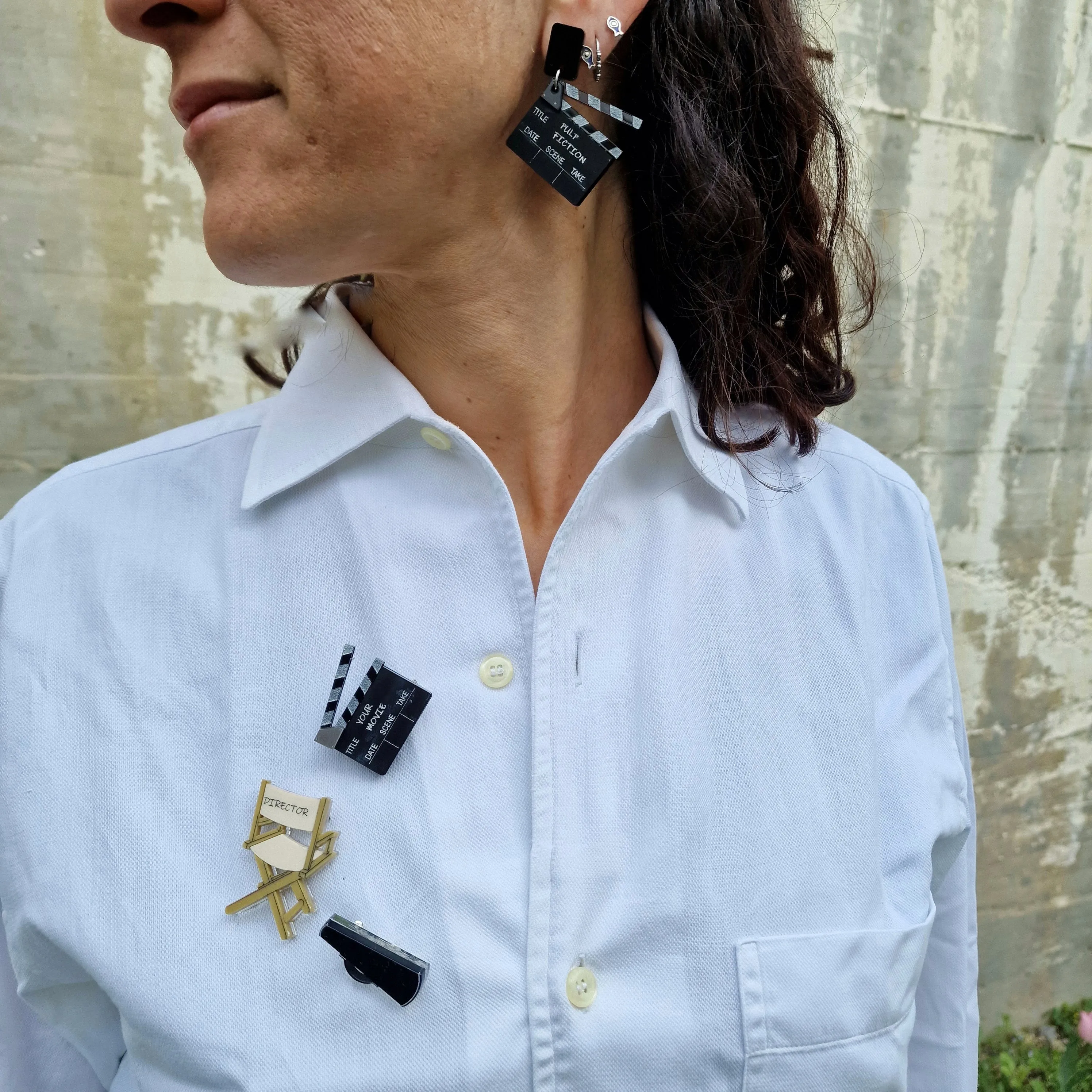 Tris di spille personalizzabili ciak e sedia regista