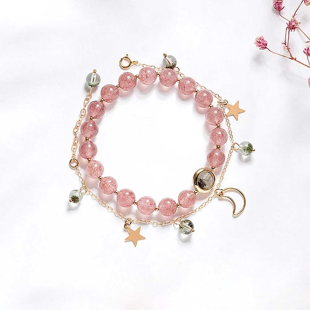 US 2 Pcs Set Mermaid Aura Crystal Glass Stretch Bracelet w/ 6 mm Moonstone Beads