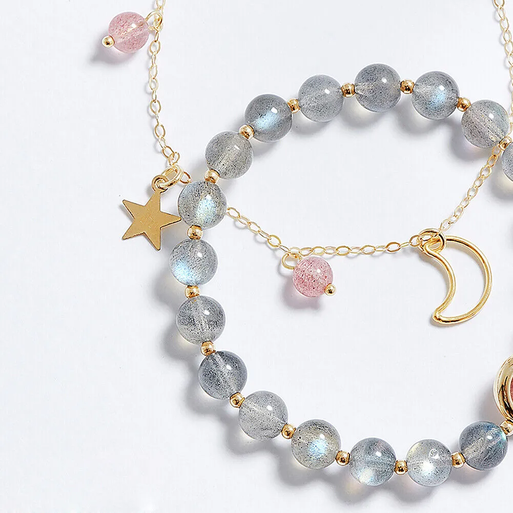 US 2 Pcs Set Mermaid Aura Crystal Glass Stretch Bracelet w/ 6 mm Moonstone Beads