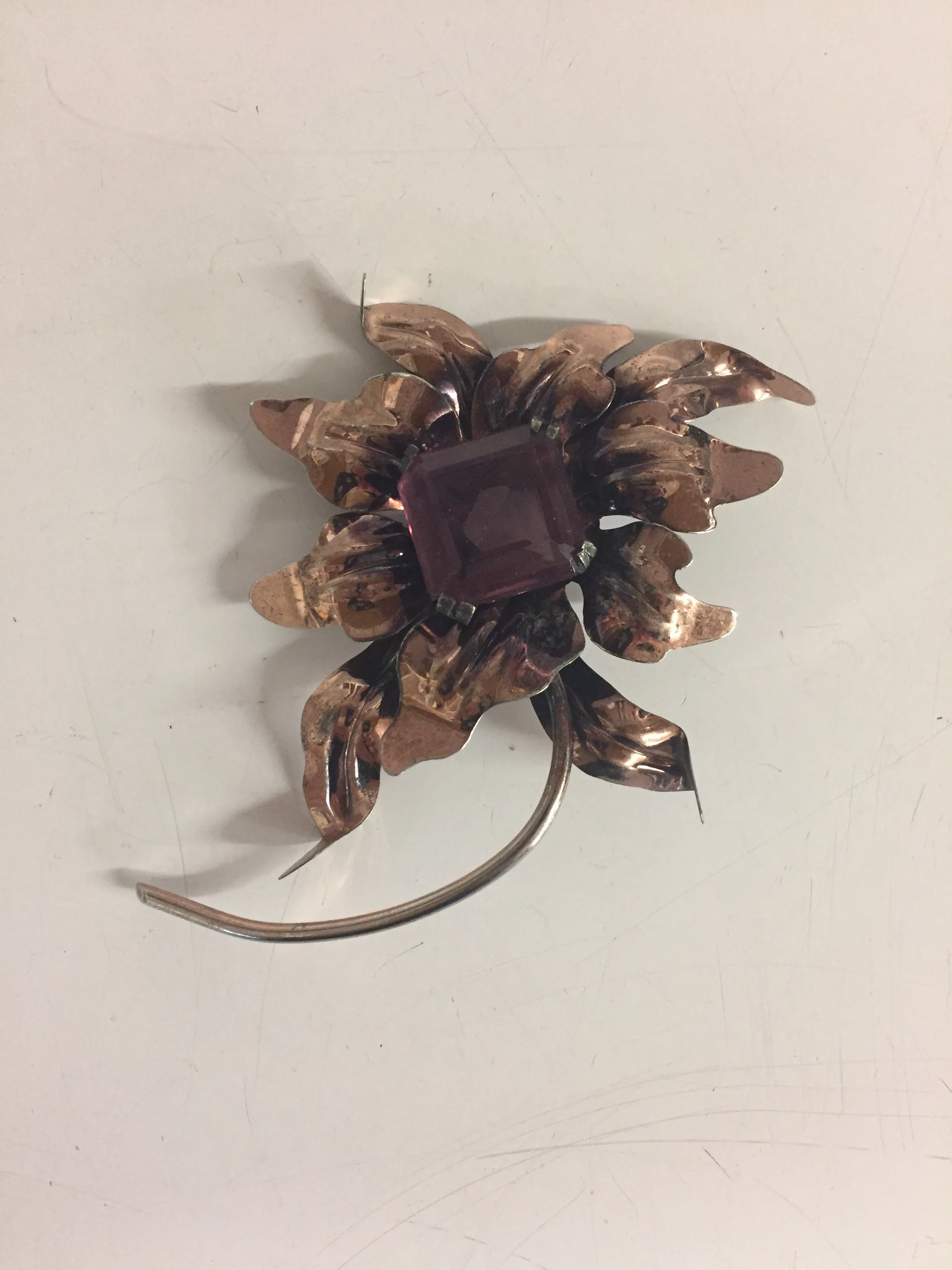 Vintage Copper Flower Brooch W/ Large Purple Glass Rhinestone Statement Pin
