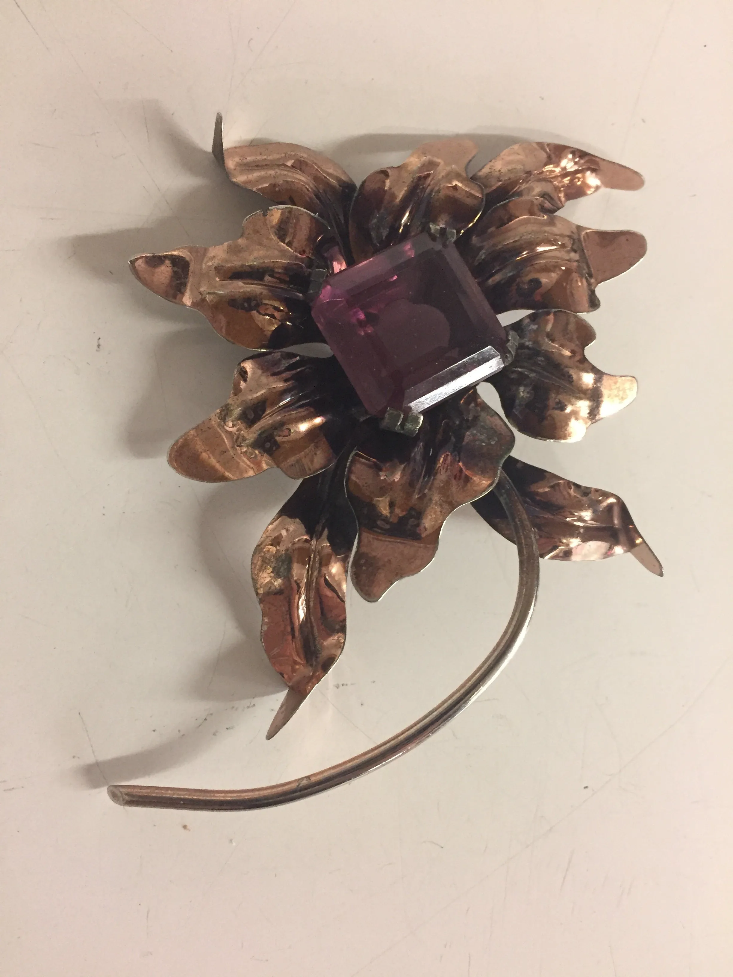 Vintage Copper Flower Brooch W/ Large Purple Glass Rhinestone Statement Pin
