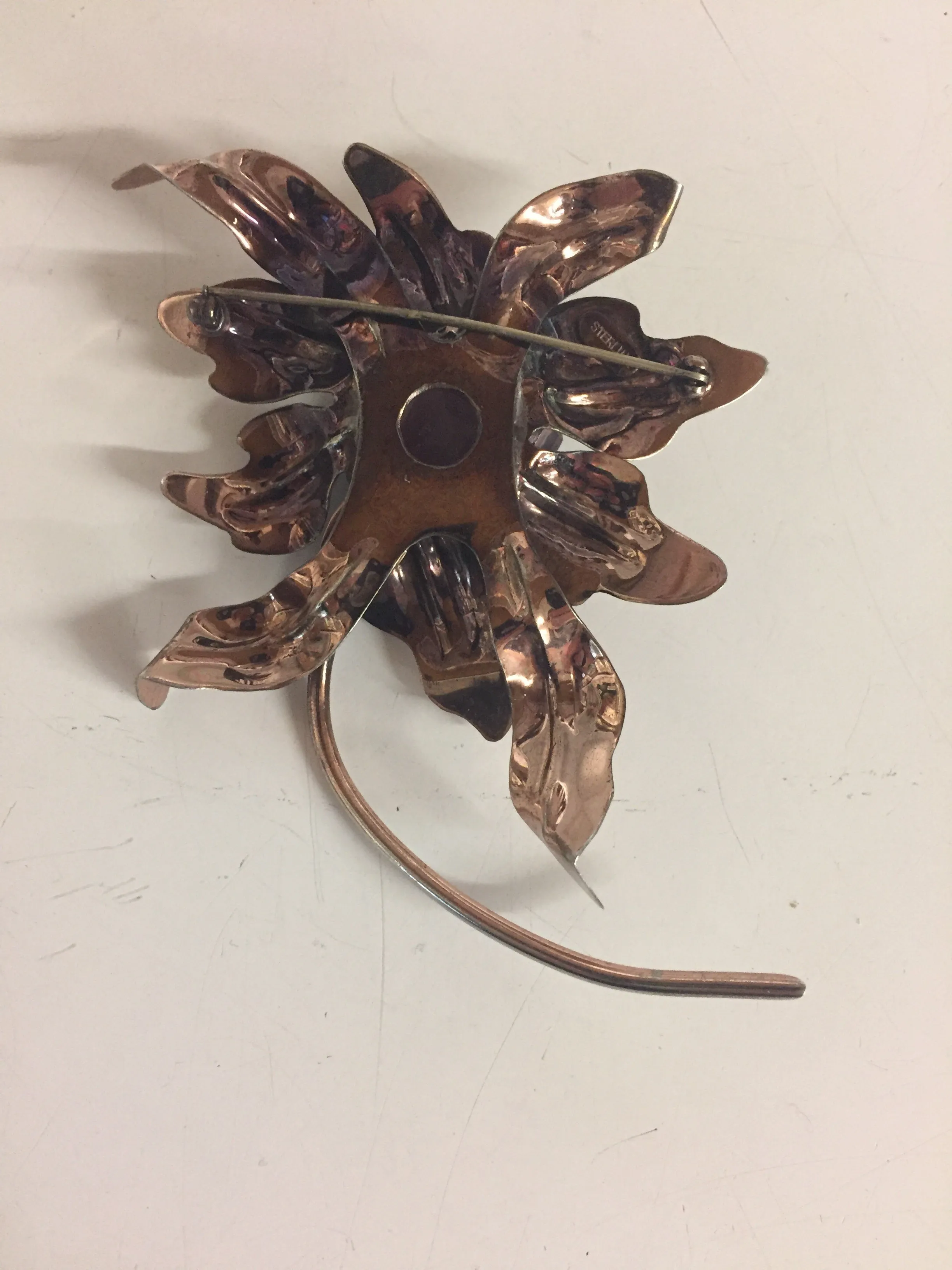 Vintage Copper Flower Brooch W/ Large Purple Glass Rhinestone Statement Pin