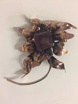 Vintage Copper Flower Brooch W/ Large Purple Glass Rhinestone Statement Pin
