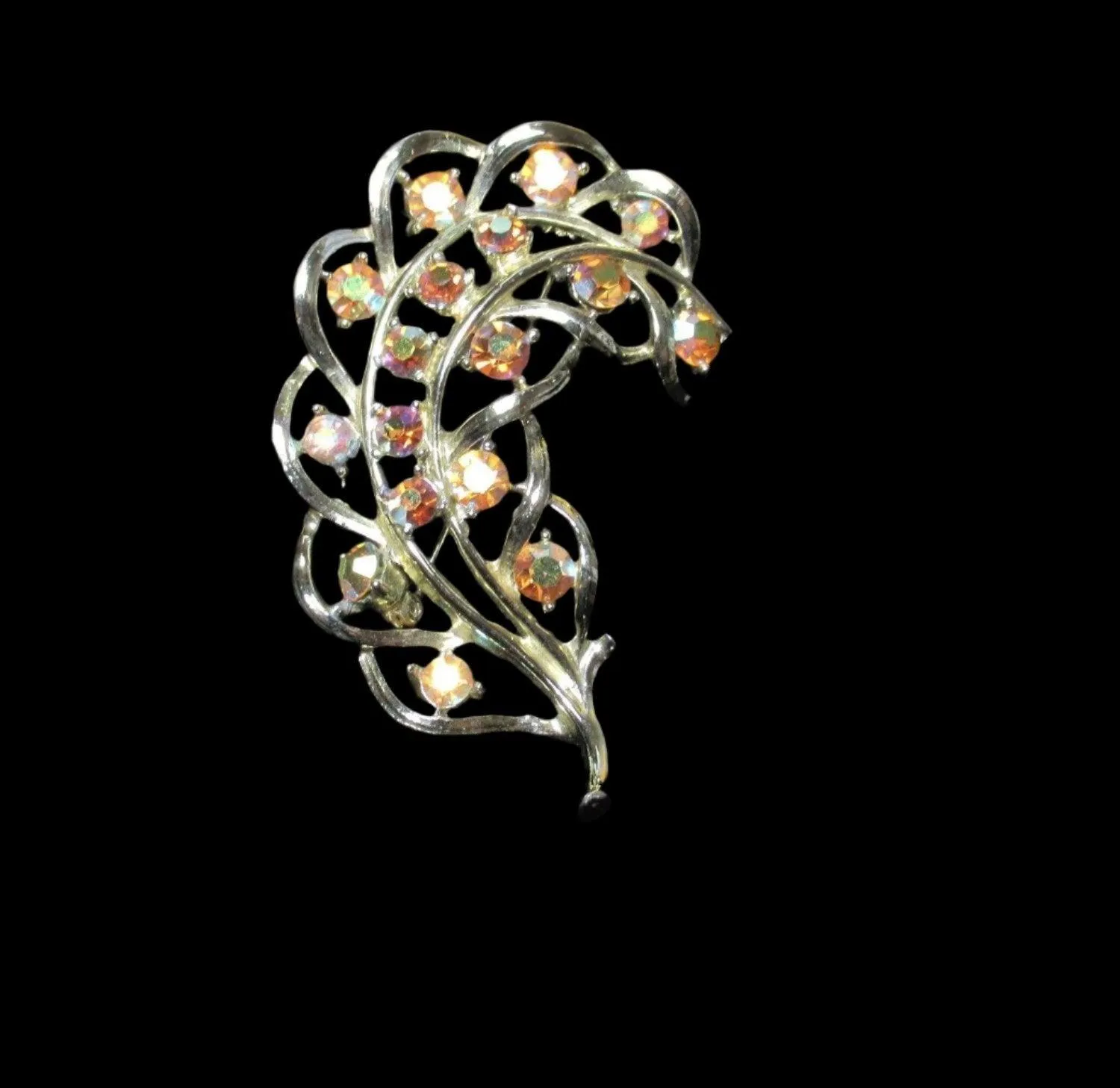 Vintage Feather Brooch with Iridescent Golden Rhinestone Detail