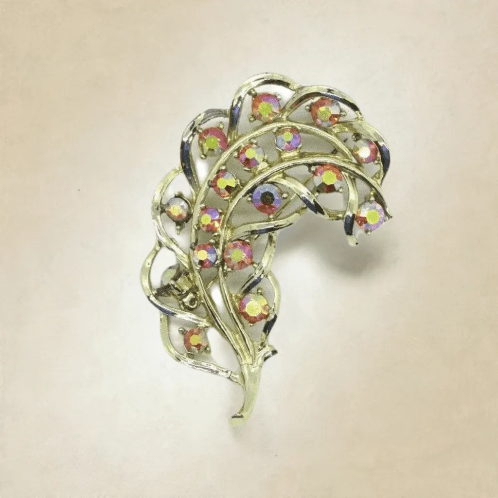 Vintage Feather Brooch with Iridescent Golden Rhinestone Detail