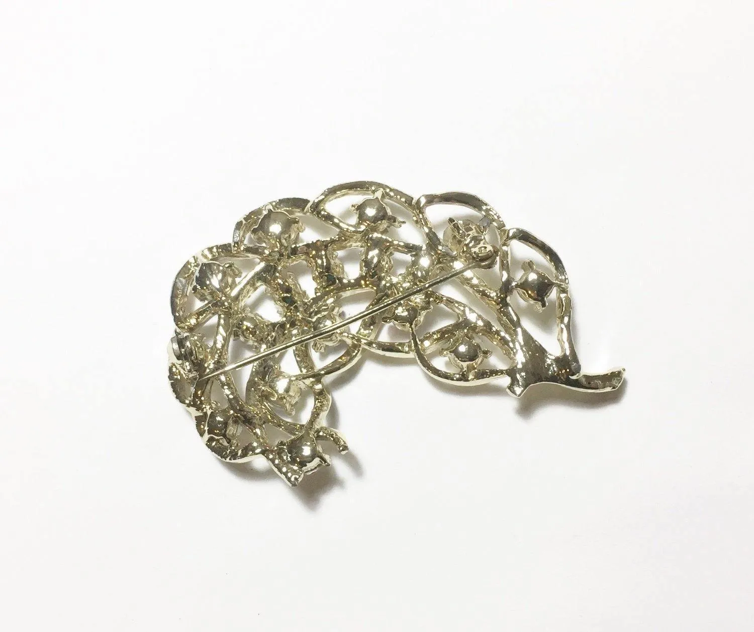 Vintage Feather Brooch with Iridescent Golden Rhinestone Detail