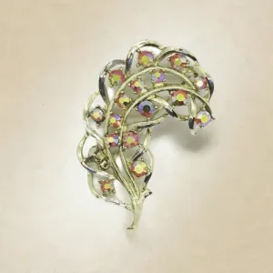 Vintage Feather Brooch with Iridescent Golden Rhinestone Detail