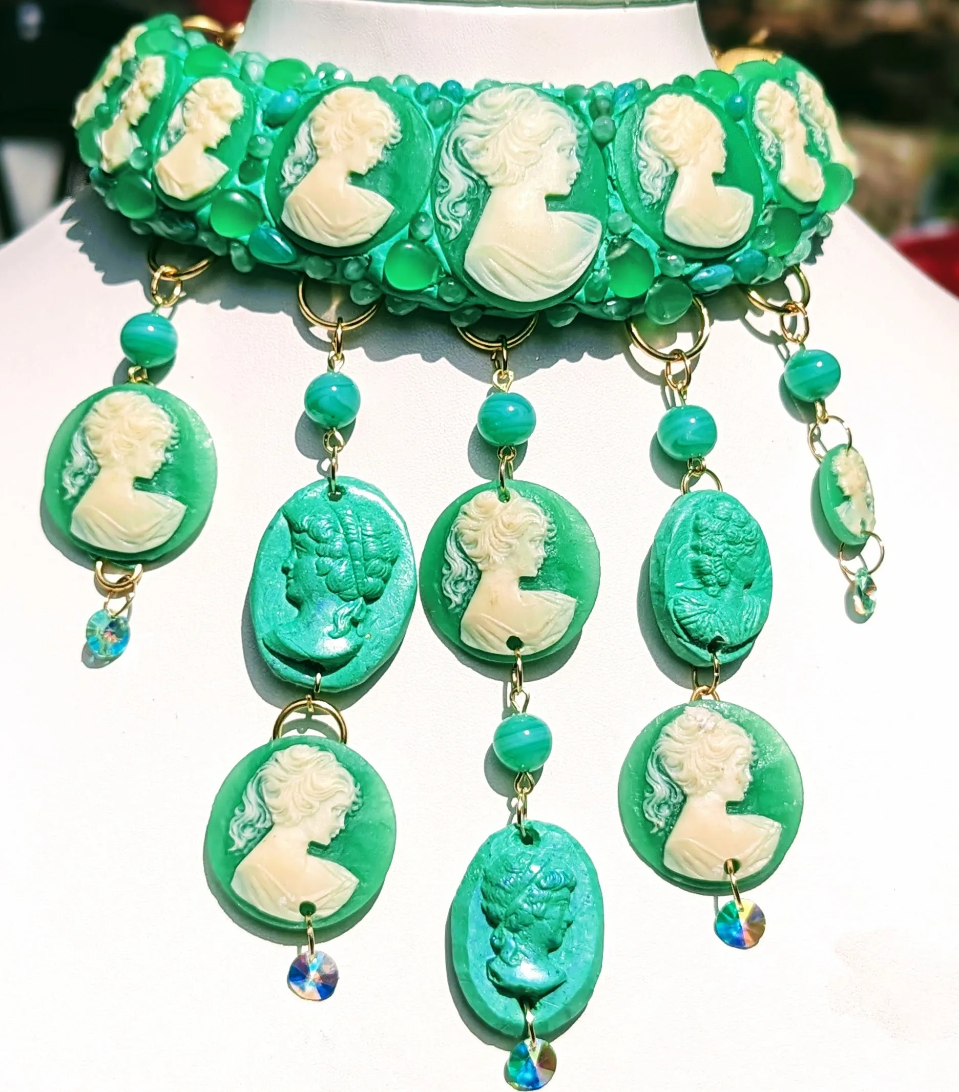 Vintage Green Cameo Drama Necklace One-of-a-kind Sugar Gay Isber