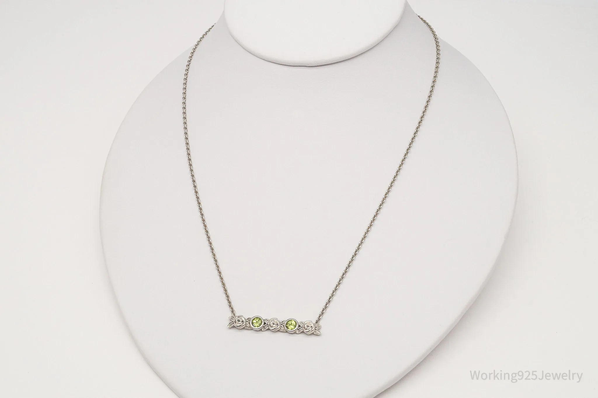 Vintage Israel Designer Paz PZ Peridot Rose Bar Sterling Silver Necklace 16"