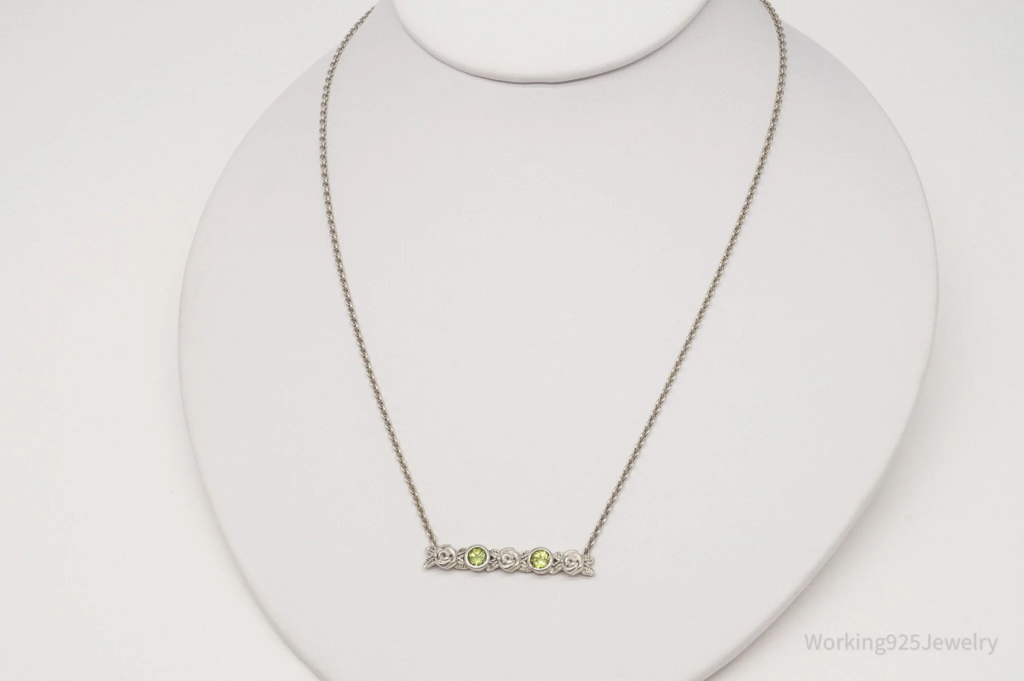 Vintage Israel Designer Paz PZ Peridot Rose Bar Sterling Silver Necklace 16"