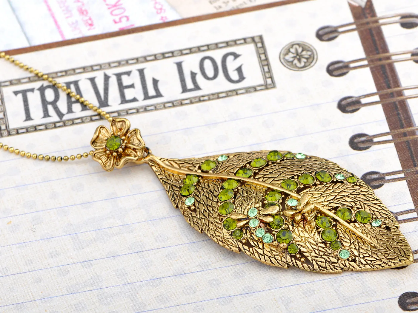 Vintage Peridot Green Dragonfly Leaf Pendant Necklace