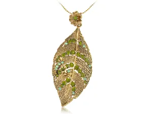 Vintage Peridot Green Dragonfly Leaf Pendant Necklace