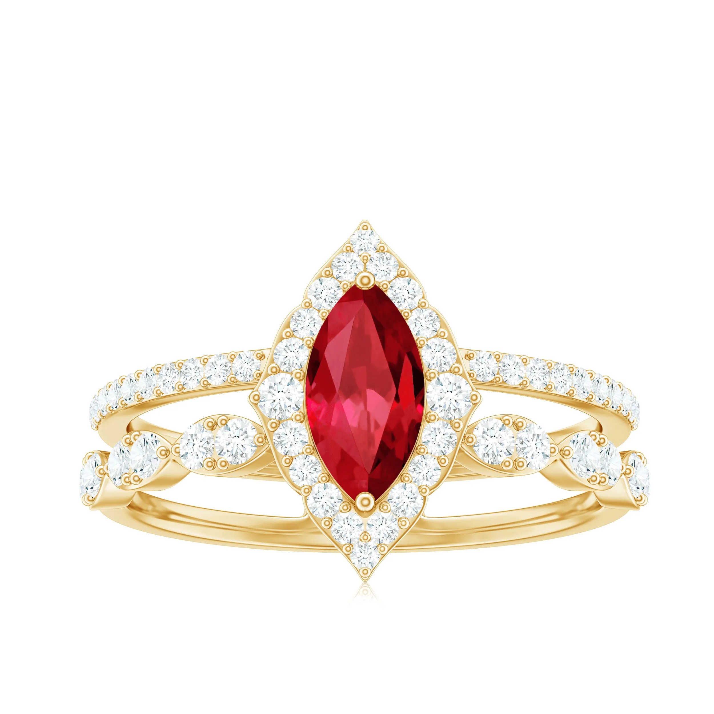 Vintage Style Created Ruby and Diamond Wedding Double Band Ring