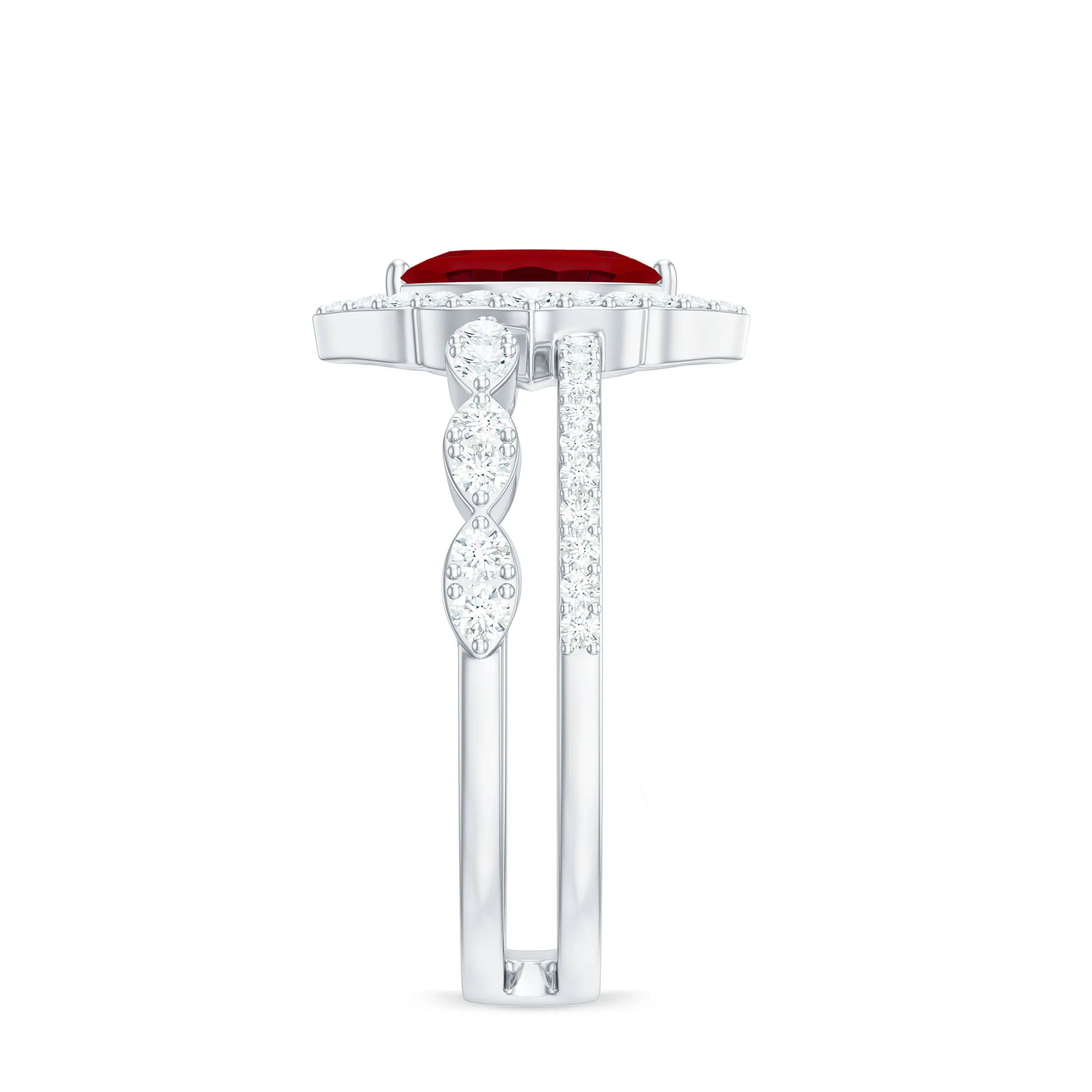Vintage Style Created Ruby and Diamond Wedding Double Band Ring