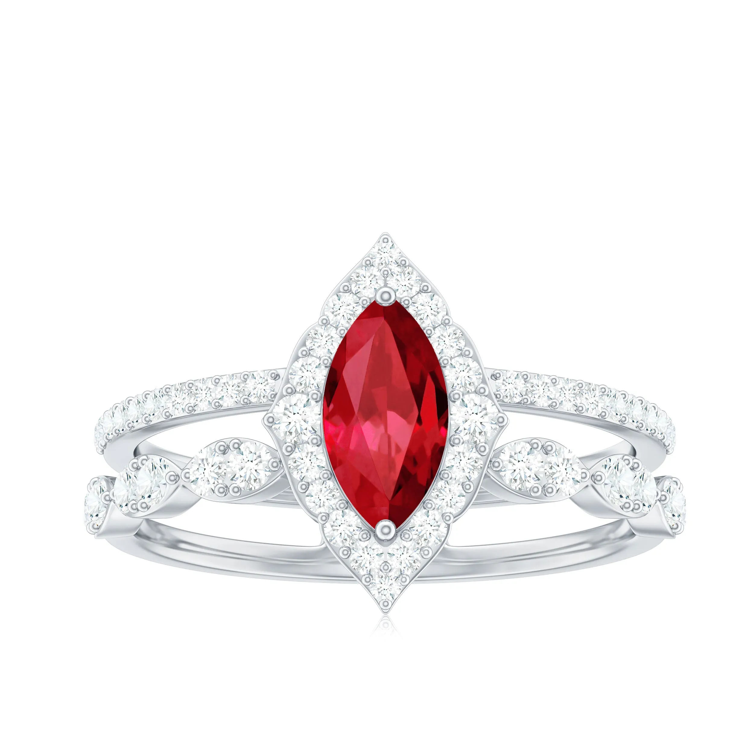 Vintage Style Created Ruby and Diamond Wedding Double Band Ring