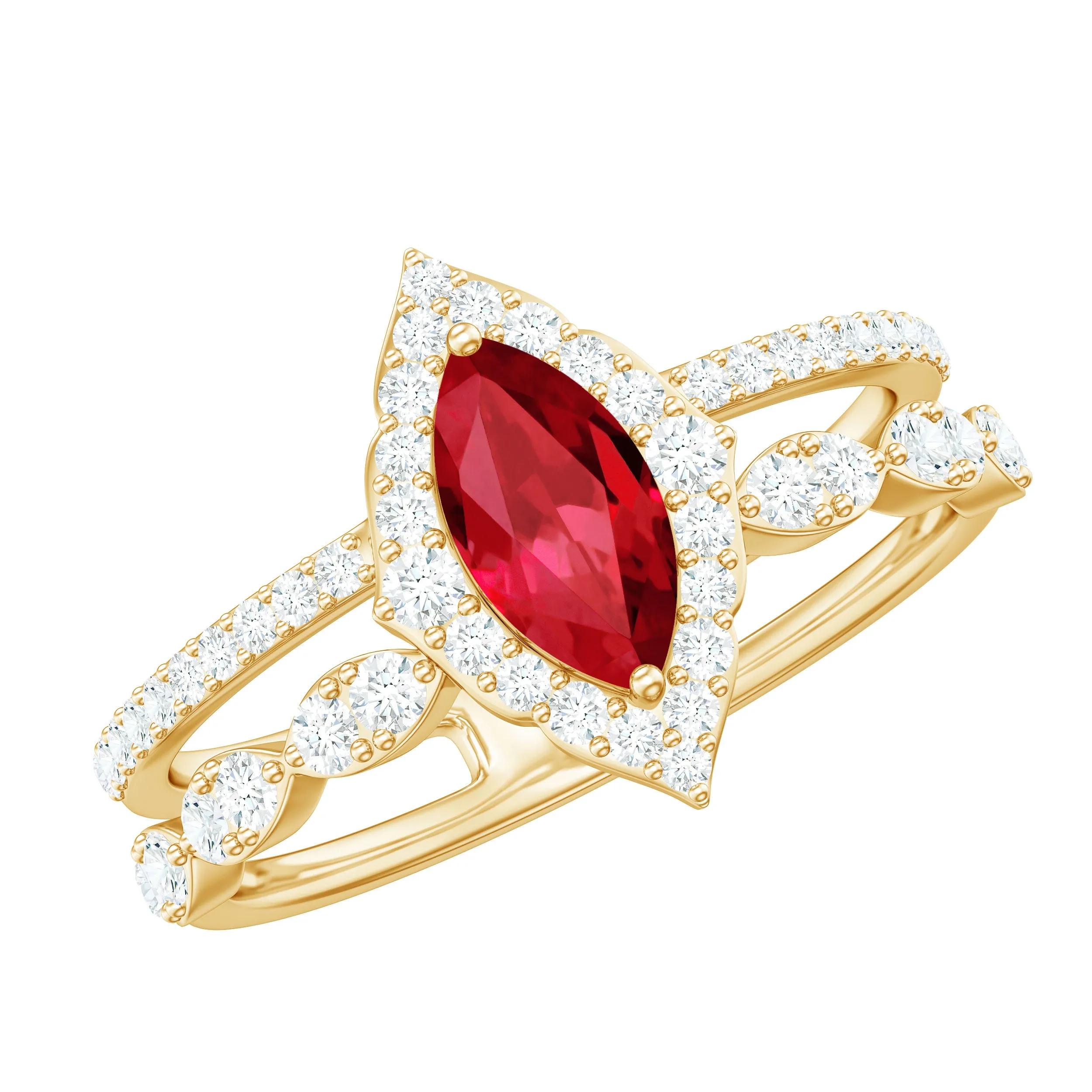Vintage Style Created Ruby and Diamond Wedding Double Band Ring