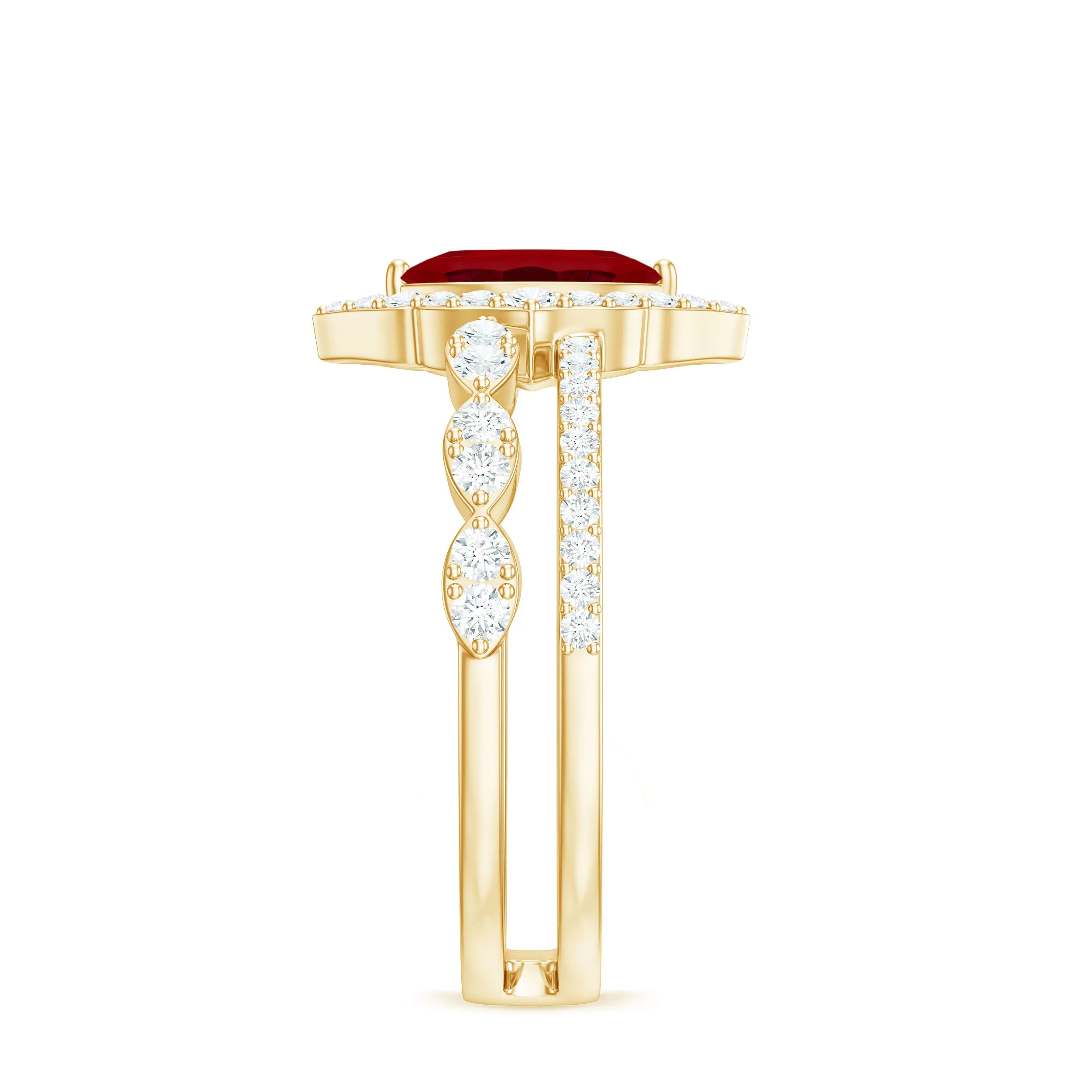 Vintage Style Created Ruby and Diamond Wedding Double Band Ring