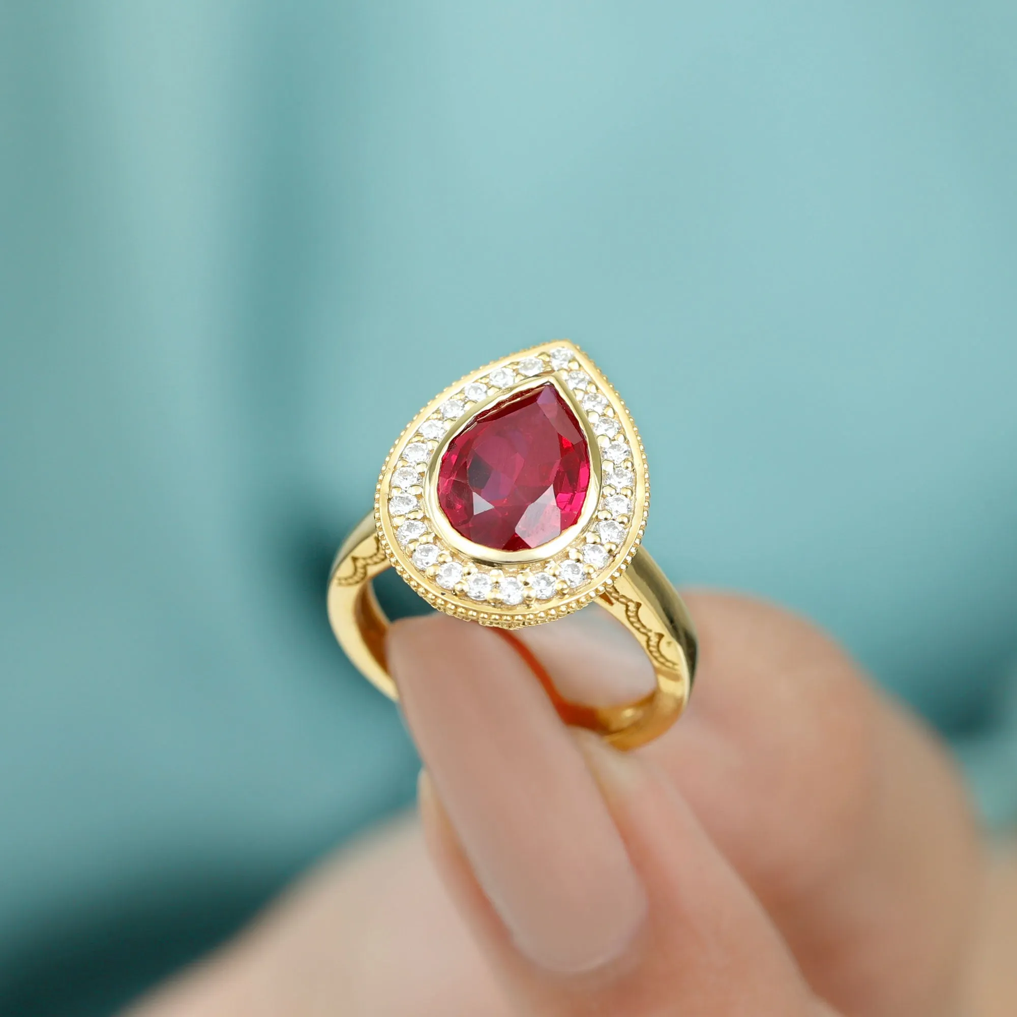 Vintage Style Created Ruby Teardrop Engagement Ring with Diamond Halo