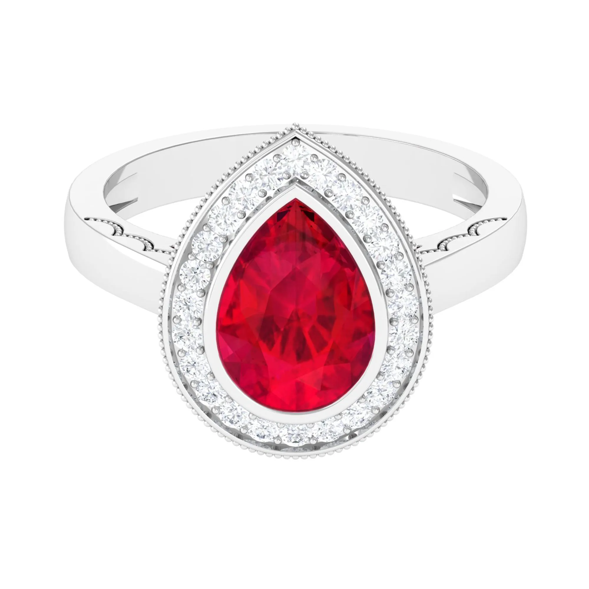 Vintage Style Created Ruby Teardrop Engagement Ring with Diamond Halo