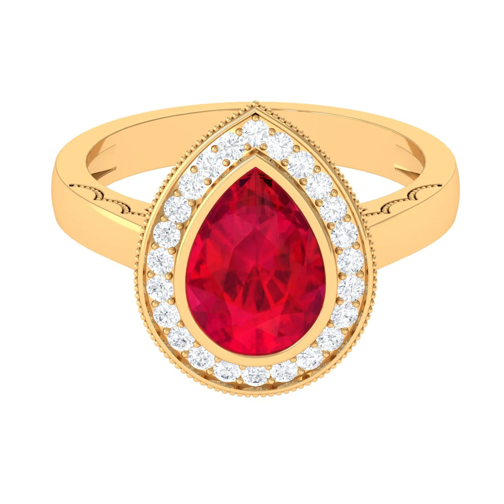 Vintage Style Created Ruby Teardrop Engagement Ring with Diamond Halo