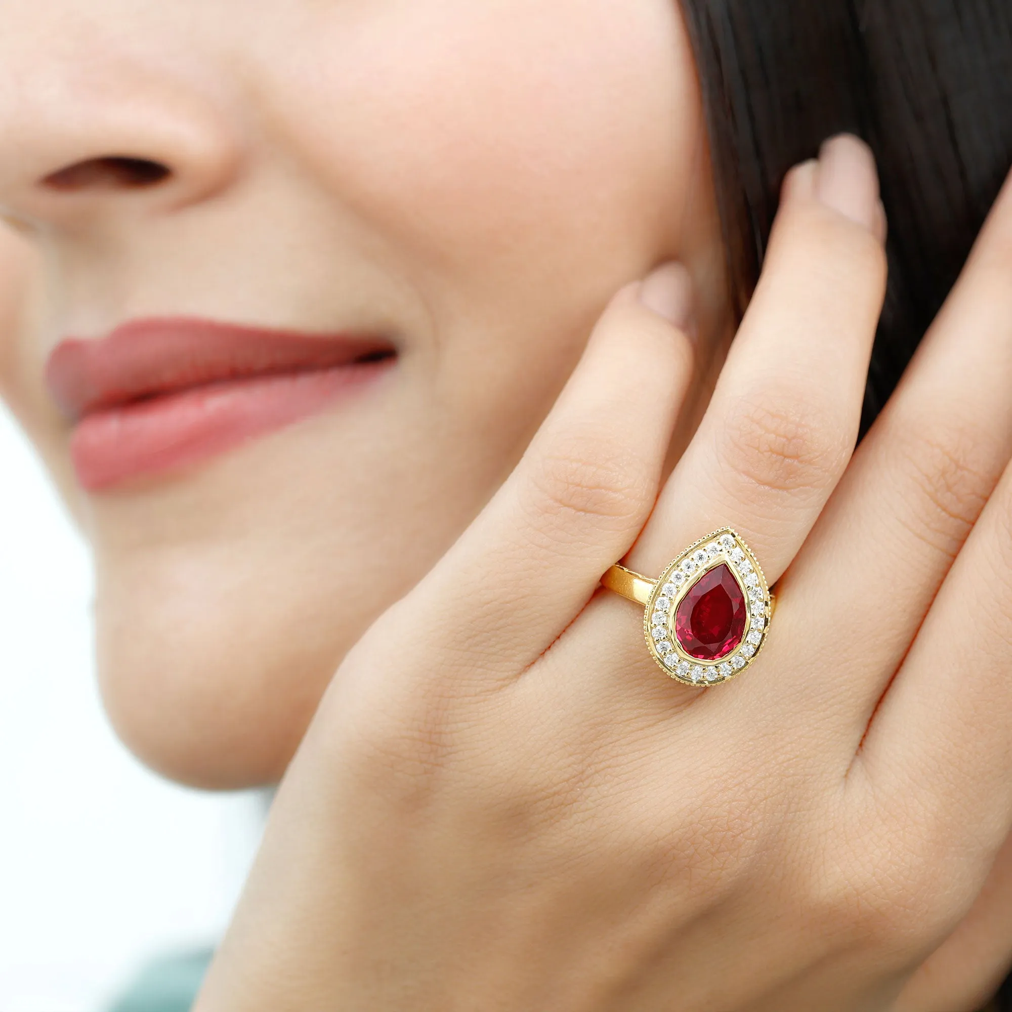 Vintage Style Created Ruby Teardrop Engagement Ring with Diamond Halo