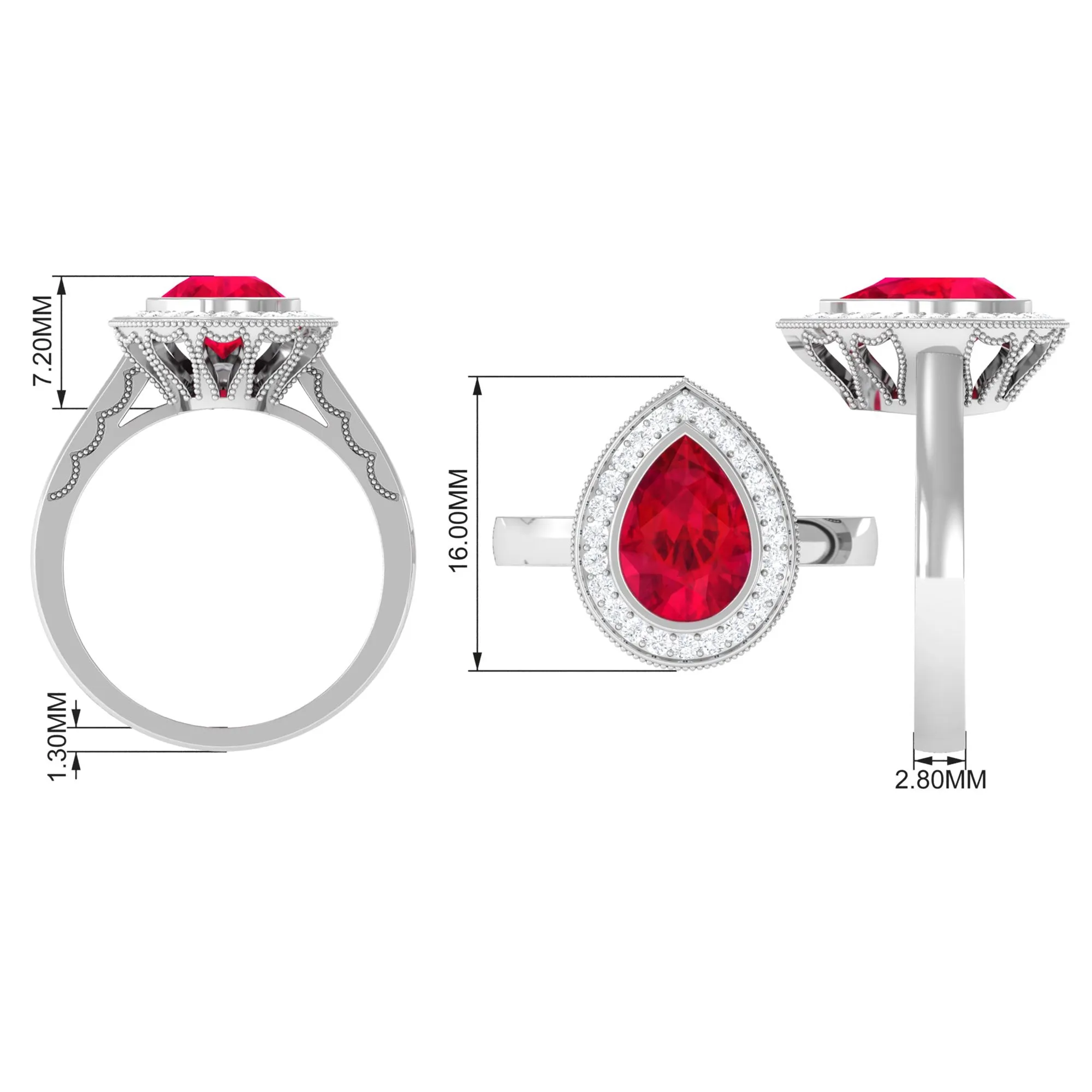 Vintage Style Created Ruby Teardrop Engagement Ring with Diamond Halo