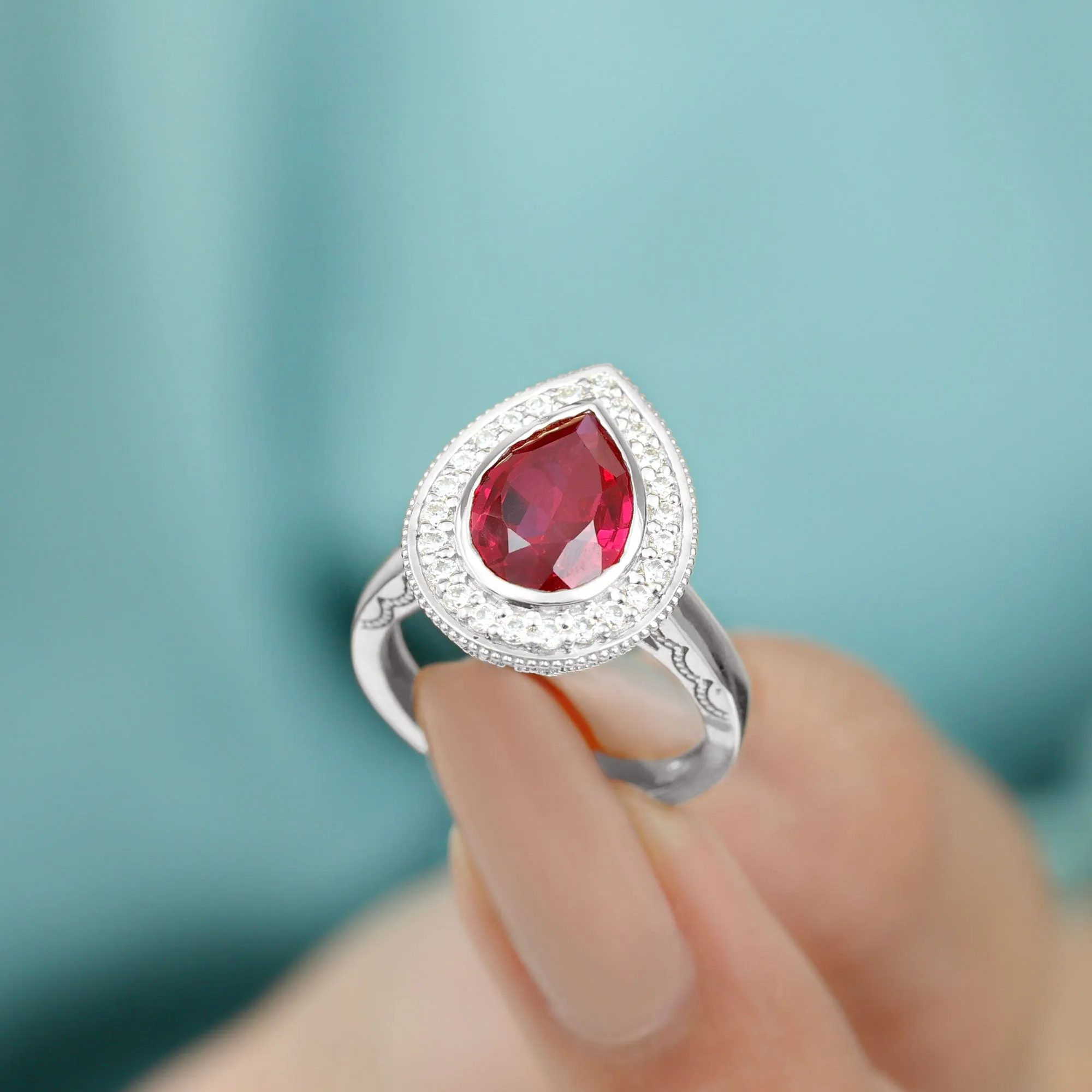 Vintage Style Created Ruby Teardrop Engagement Ring with Diamond Halo