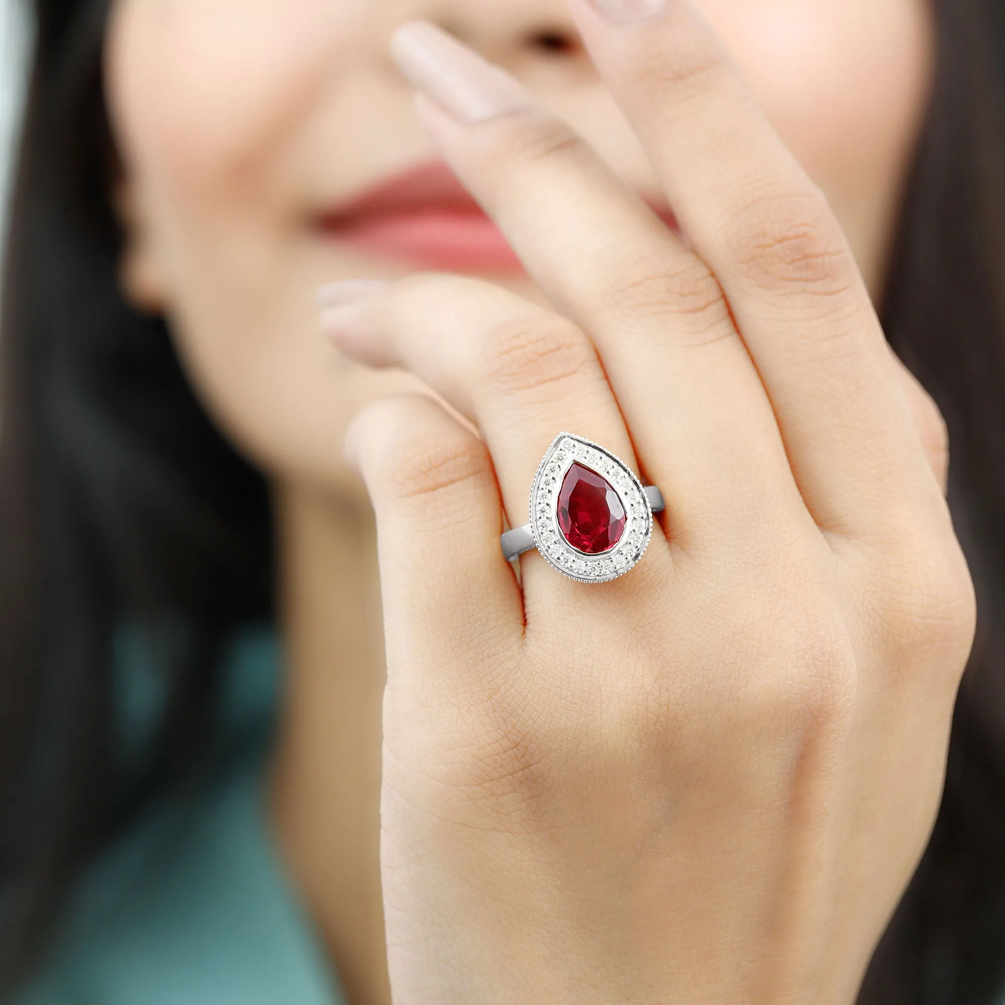Vintage Style Created Ruby Teardrop Engagement Ring with Diamond Halo
