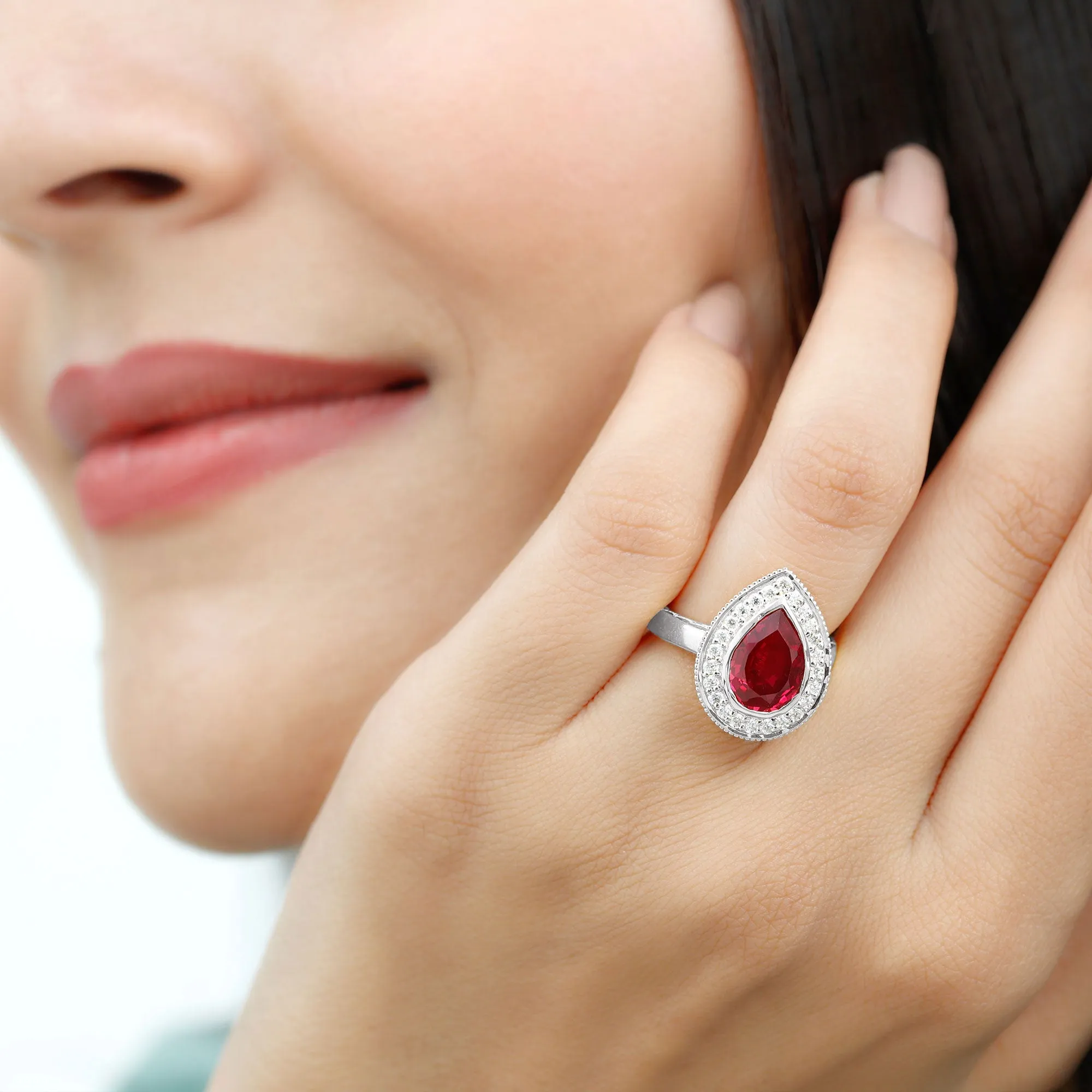 Vintage Style Created Ruby Teardrop Engagement Ring with Diamond Halo