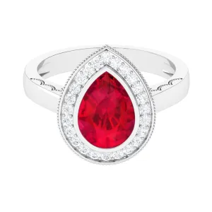 Vintage Style Created Ruby Teardrop Engagement Ring with Diamond Halo