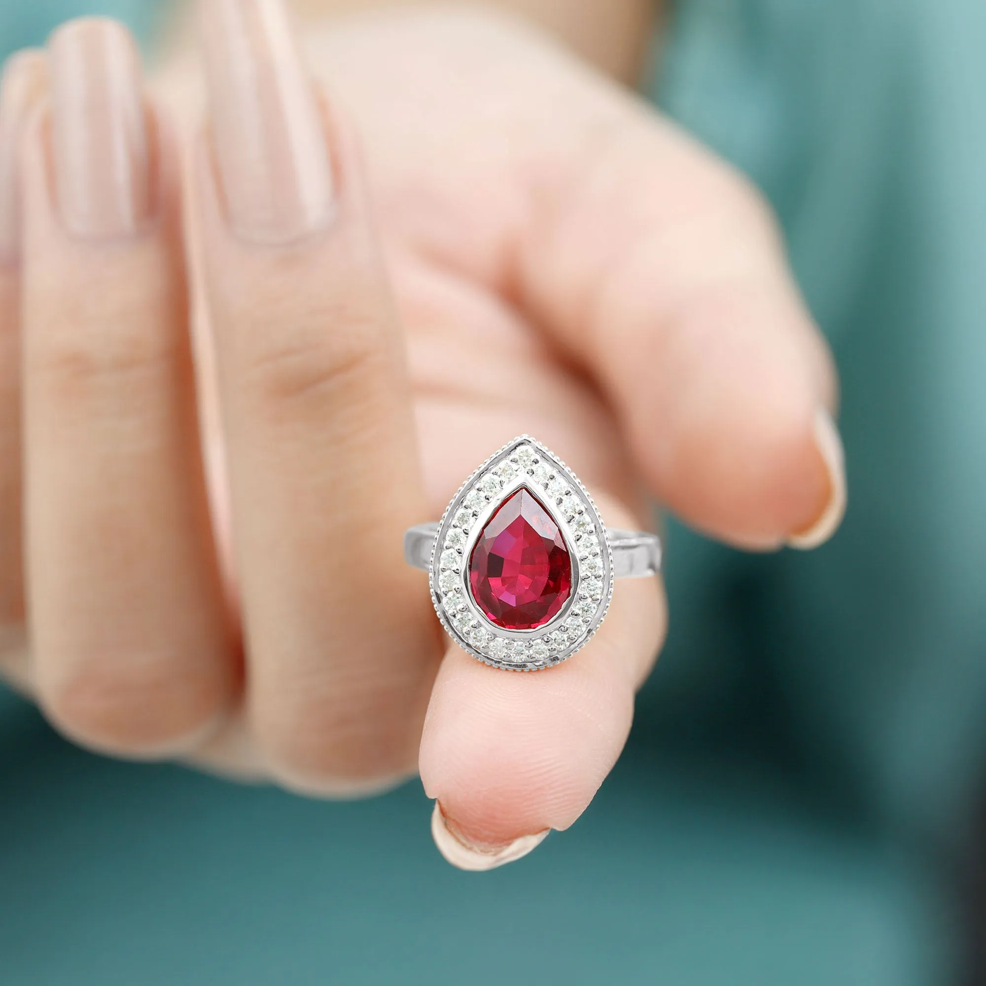 Vintage Style Created Ruby Teardrop Engagement Ring with Diamond Halo