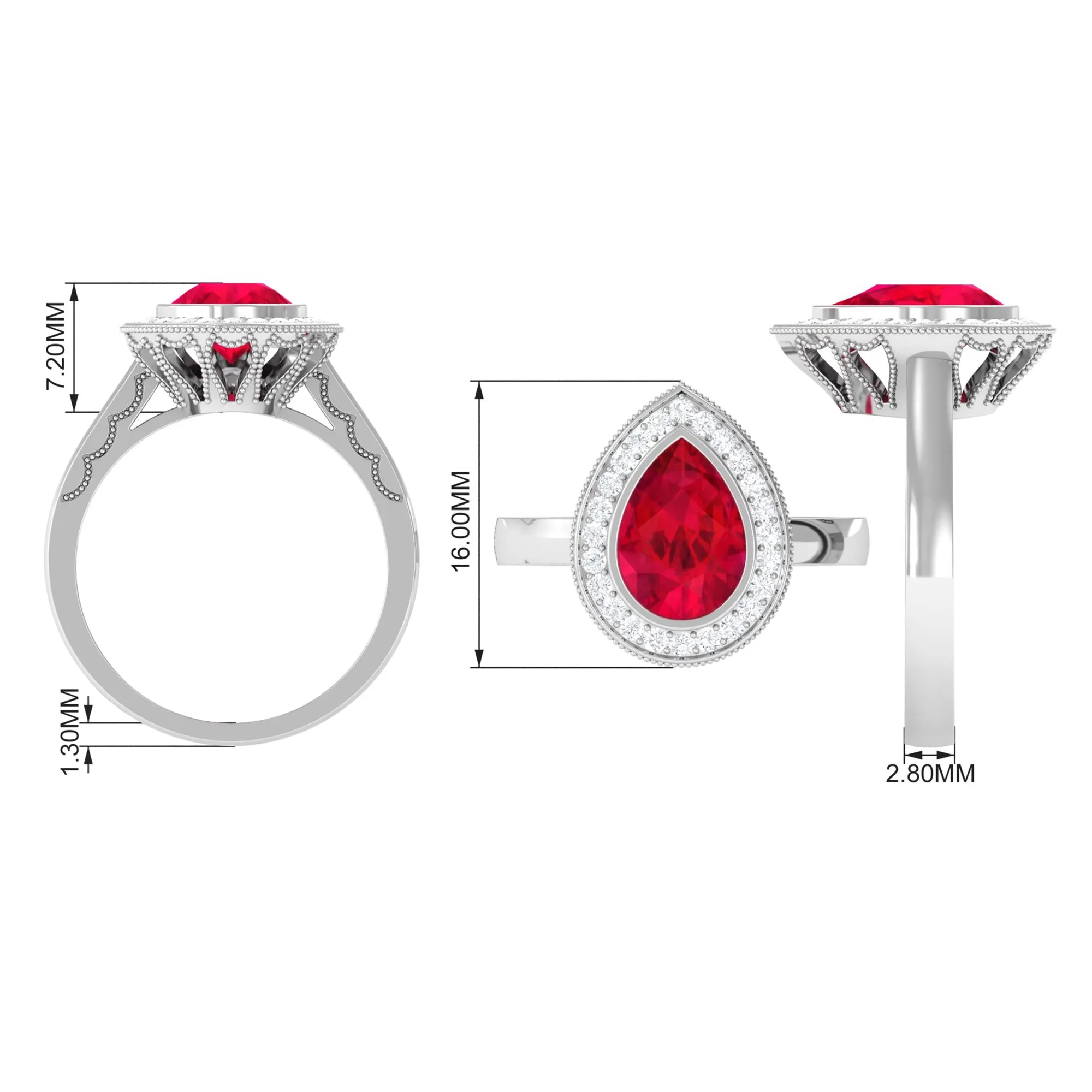 Vintage Style Created Ruby Teardrop Engagement Ring with Diamond Halo